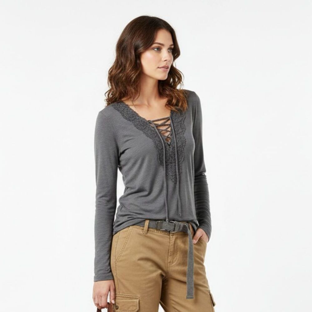 American Eagle Gray Long Sleeve Lace Tie Bodice Tee T Shirt Top S